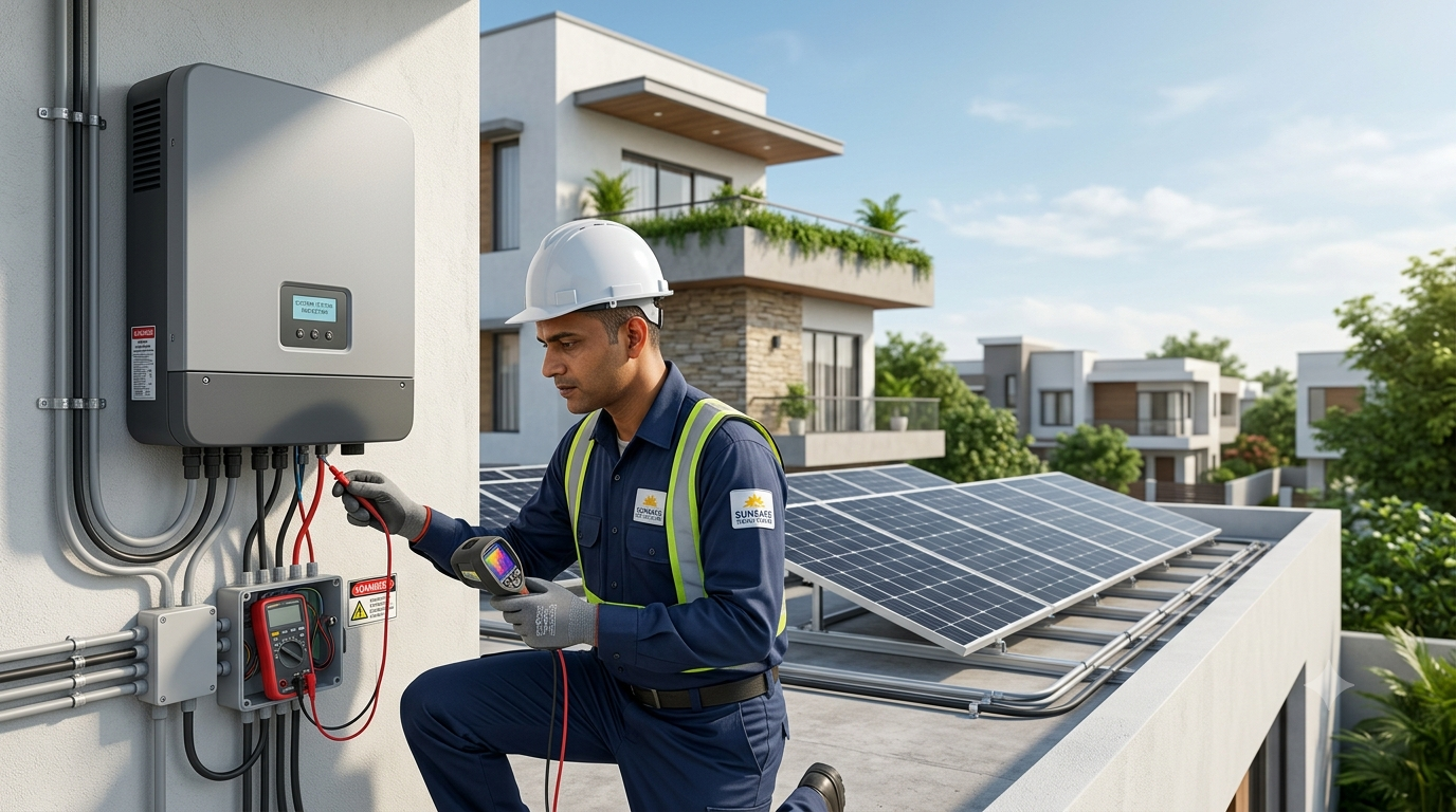 Technician servicing solar inverter